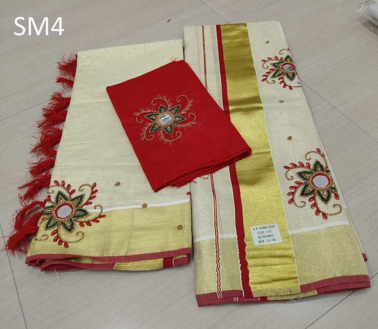 Kerala Special Tissue Aari Work Set Mundu 2.80 With Stitched Blouse or Blouse Material,Beautiful Kerala Designs,Onam,Vishu,Pooja.