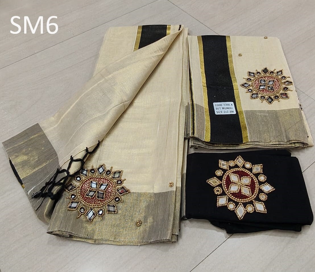 Kerala Special Tissue Aari Work Set Mundu 2.80 With Stitched Blouse or Blouse Material,Beautiful Kerala Designs,Onam,Vishu,Pooja.