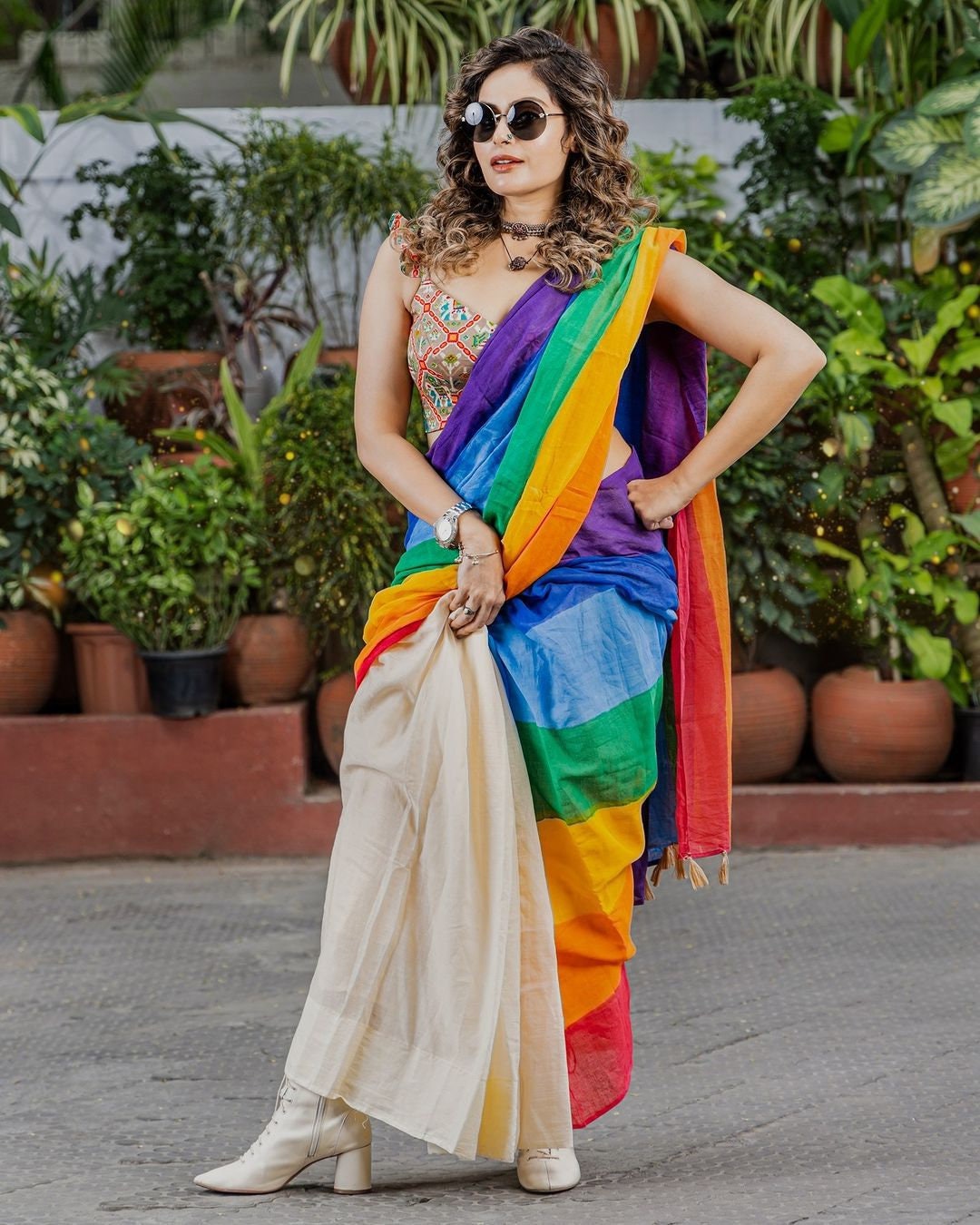 Kerala Special Rainbow Saree with Contrast Fleets With Stitched Blouse or Blouse Material for Onam,Vishu,Christmas,party wear.