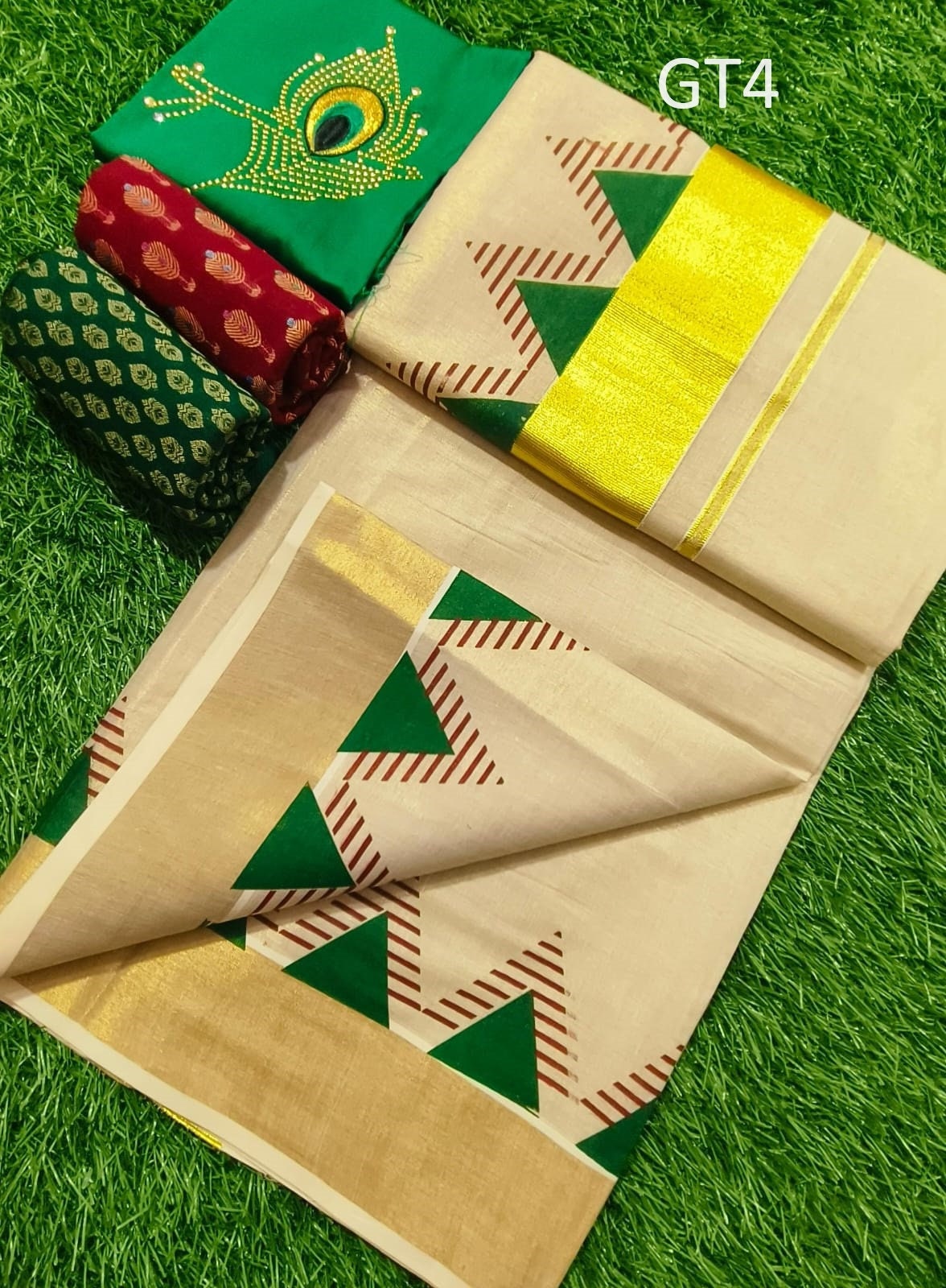 Kerala Special Tissue printed Golden tissue saree 6.25 mtr With Stitched Blouse or Blouse Material,Beautiful Kerala Design,Onam,Vishu,Pooja.