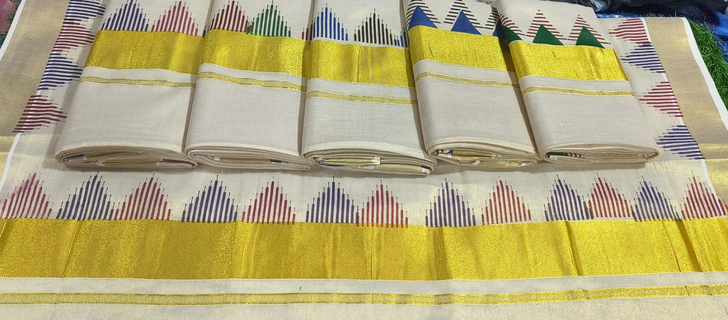 Kerala Special Tissue printed Golden tissue saree 6.25 mtr With Stitched Blouse or Blouse Material,Beautiful Kerala Design,Onam,Vishu,Pooja.