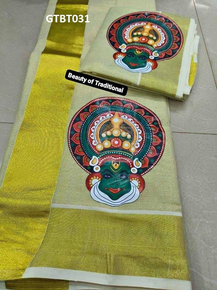 Kerala Special Golden Tissue Hand Work Set Mundu 2.80 With Stitched Blouse or Blouse Material,Beautiful Kerala Designs,Onam,Vishu,Pooja.