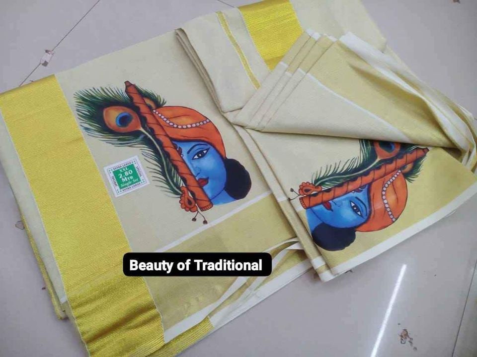 Kerala Special Golden Tissue Hand Work Set Mundu 2.80 With Stitched Blouse or Blouse Material,Beautiful Kerala Designs,Onam,Vishu,Pooja.