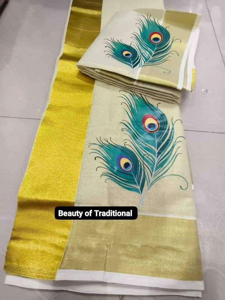 Kerala Special Golden Tissue Hand Work Set Mundu 2.80 With Stitched Blouse or Blouse Material,Beautiful Kerala Designs,Onam,Vishu,Pooja.