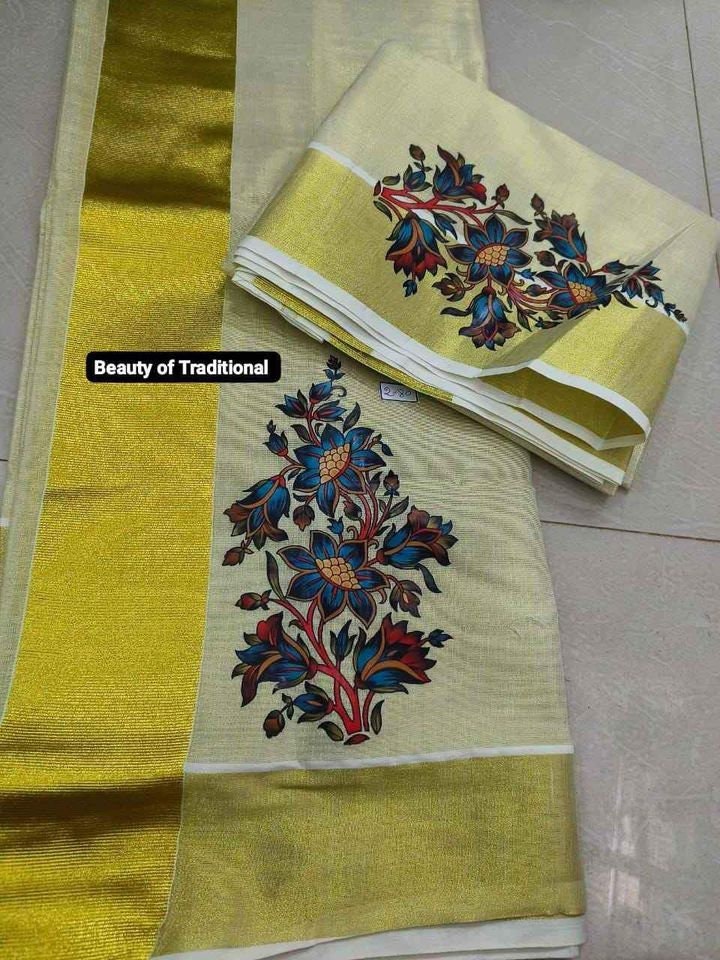 Kerala Special Golden Tissue Hand Work Set Mundu 2.80 With Stitched Blouse or Blouse Material,Beautiful Kerala Designs,Onam,Vishu,Pooja.