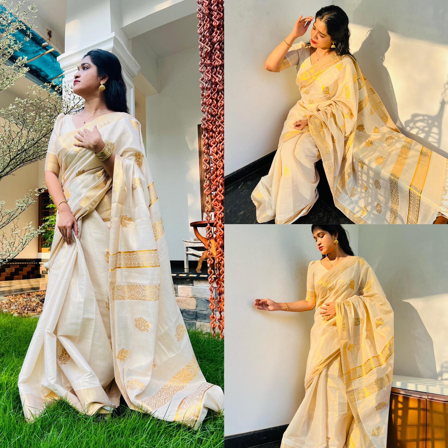 Kerala Traditional Premium golden tissue jacquard weave work with Tussels  Saree with Stitched Blouse or with Blouse Material  only