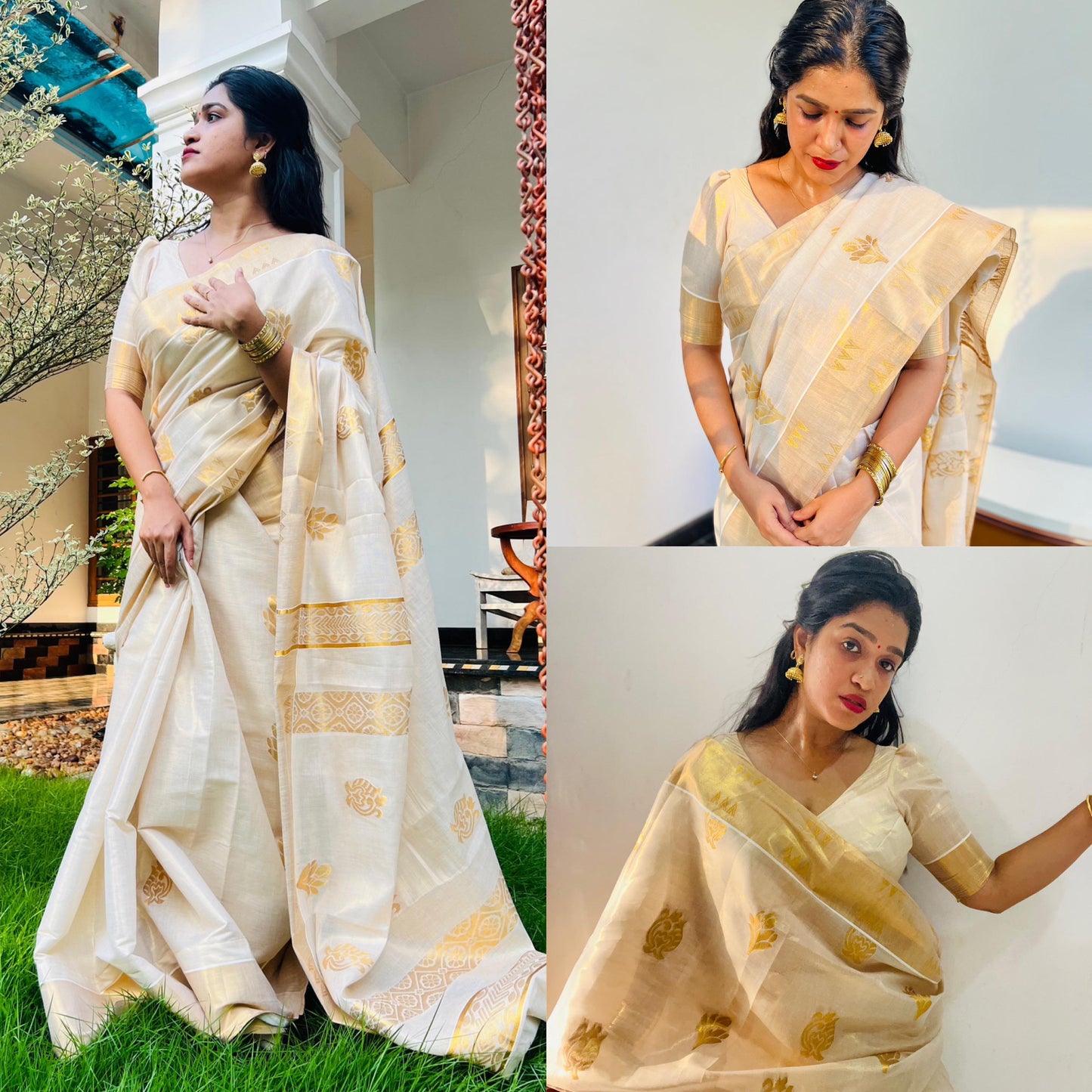 Kerala Traditional Premium golden tissue jacquard weave work with Tussels  Saree with Stitched Blouse or with Blouse Material  only