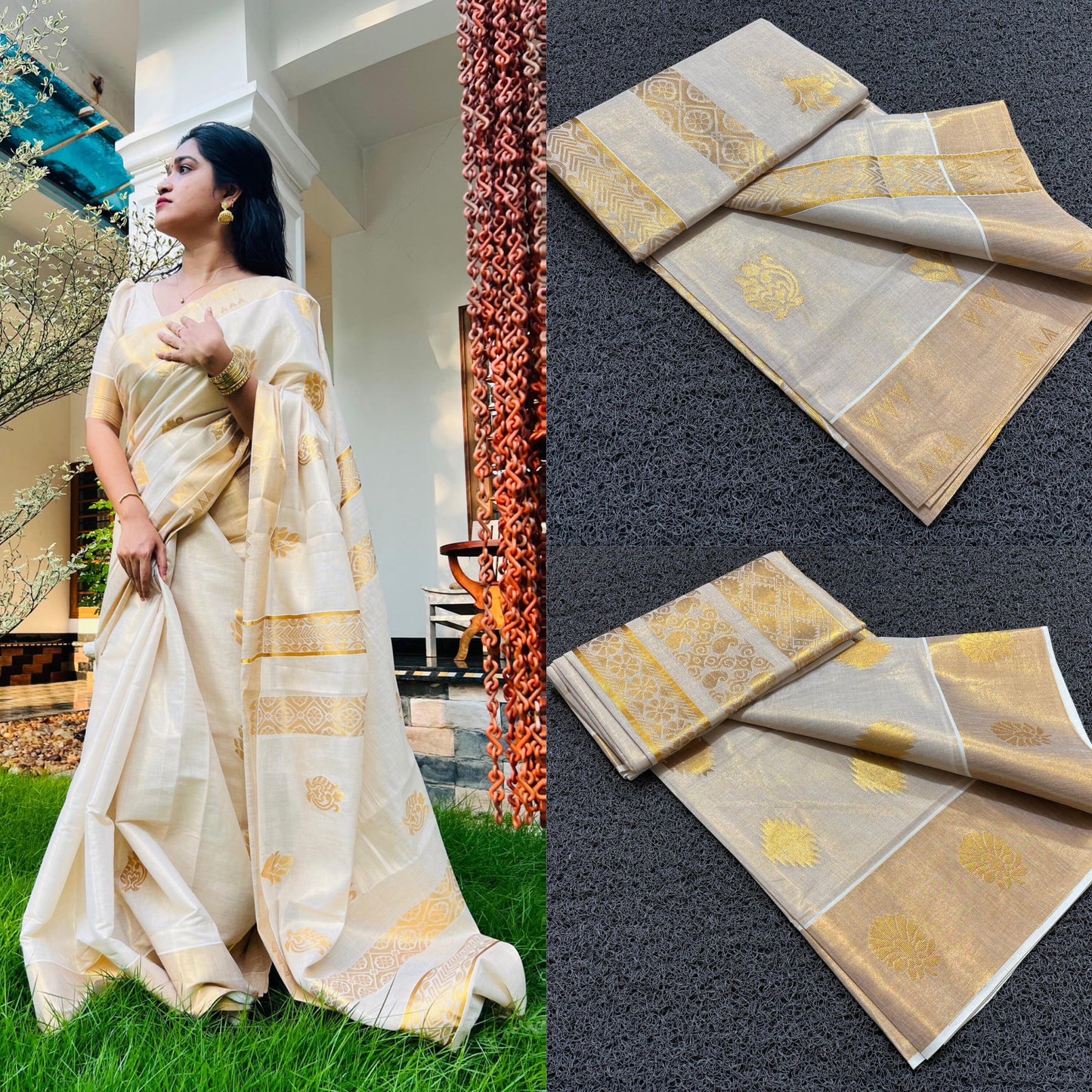 Kerala Traditional Premium golden tissue jacquard weave work with Tussels  Saree with Stitched Blouse or with Blouse Material  only