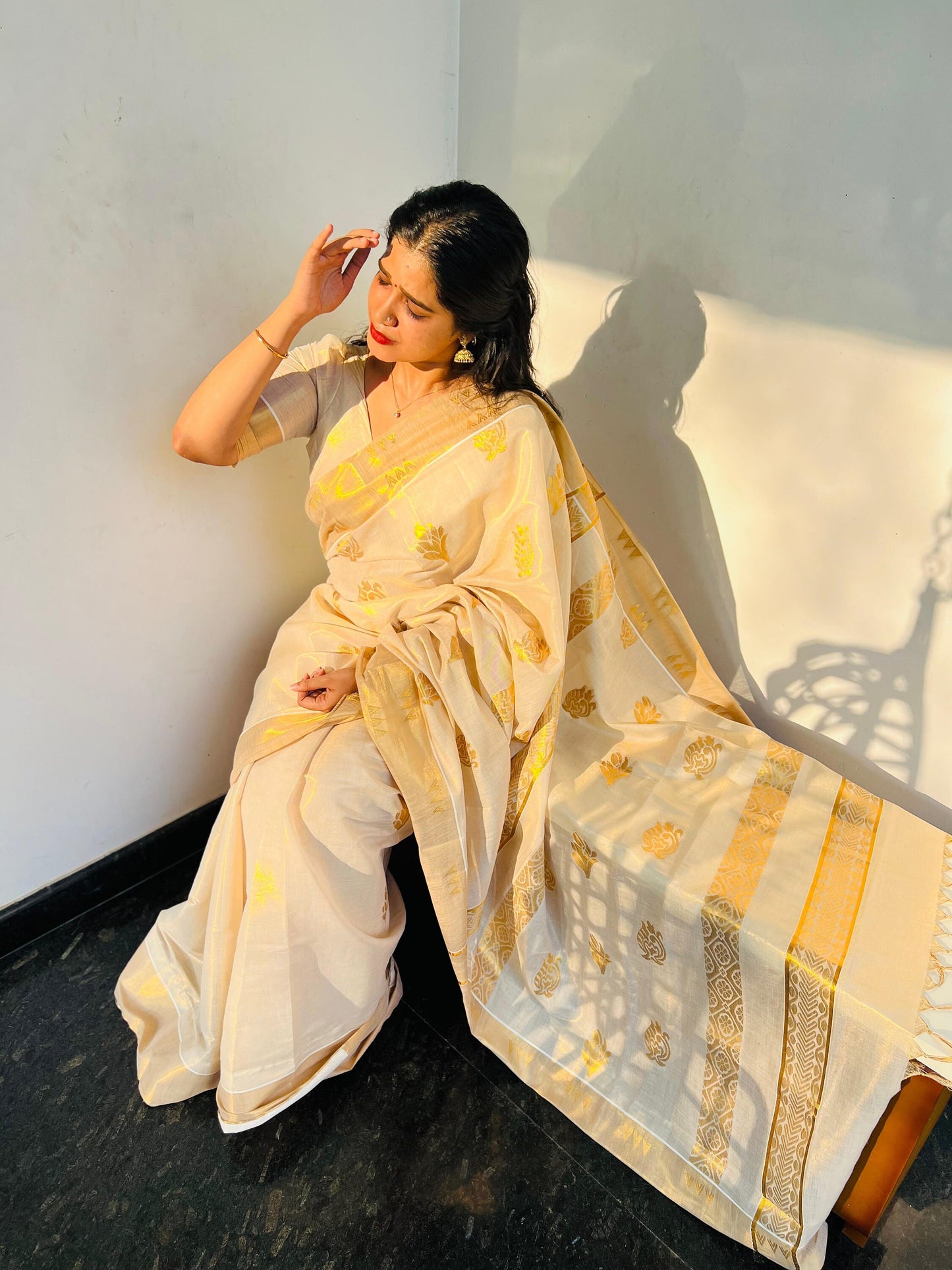 Kerala Traditional Premium golden tissue jacquard weave work with Tussels  Saree with Stitched Blouse or with Blouse Material  only