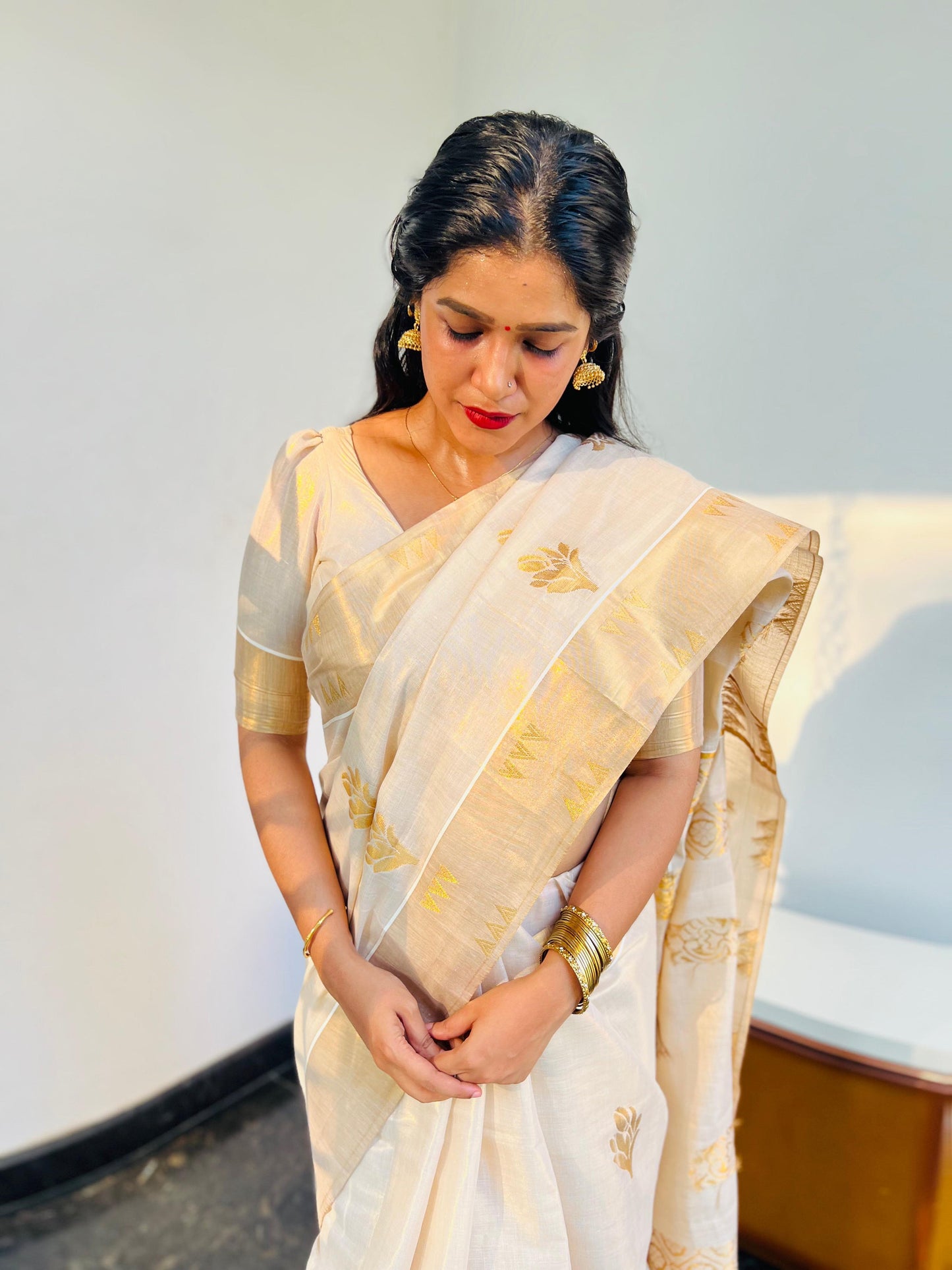 Kerala Traditional Premium golden tissue jacquard weave work with Tussels  Saree with Stitched Blouse or with Blouse Material  only