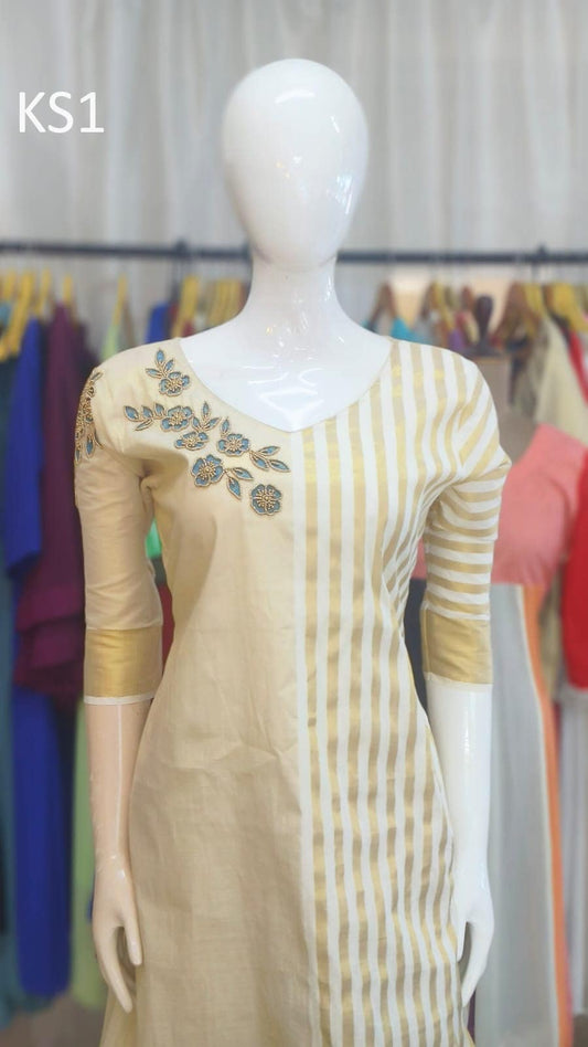 Golden Tissue Slitted Kurti set( Top,Pant and Duppatta),Stitched Handworked Churidar set,Sizes from Small to 10XL,Onam,vishu,Marriage wear.