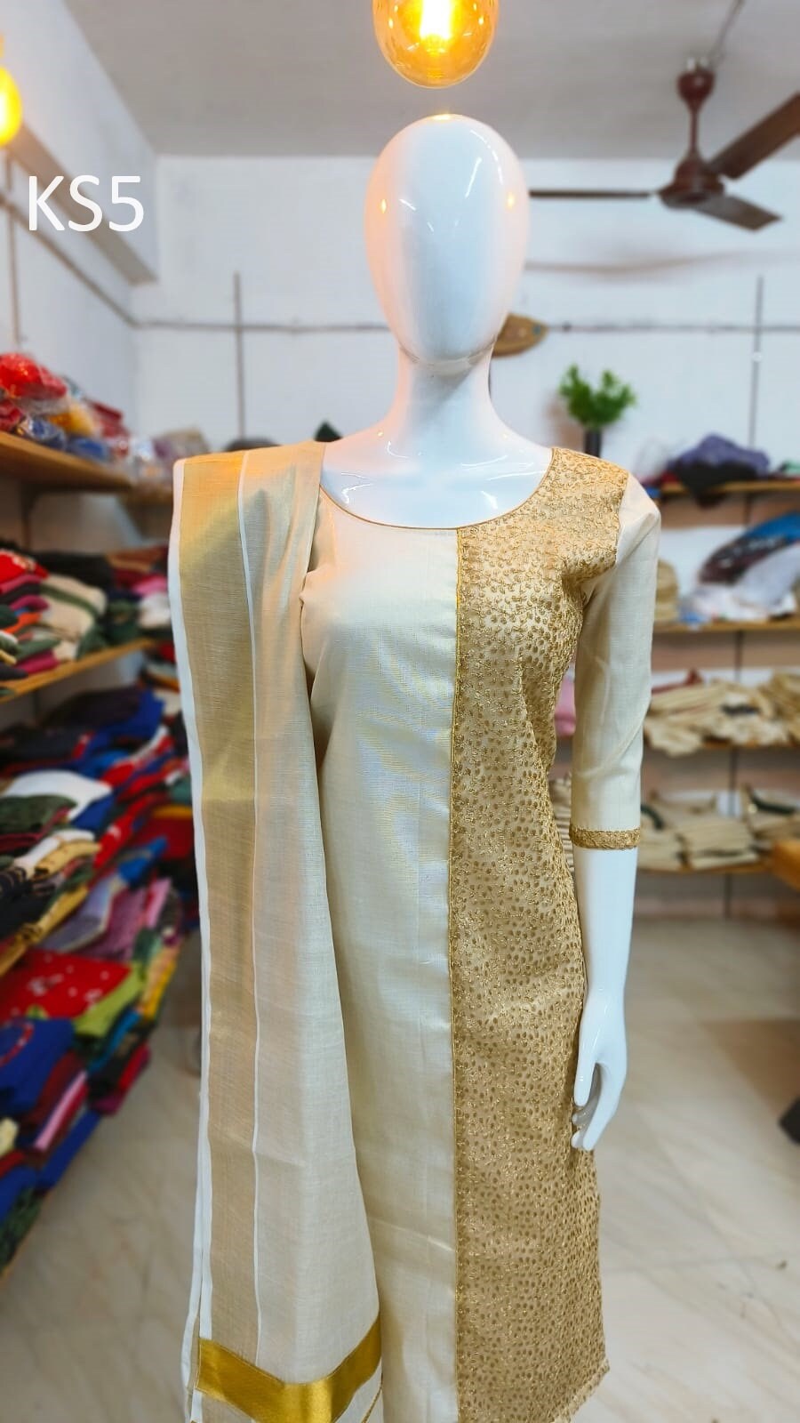 Golden Tissue Slitted Kurti set( Top,Pant and Duppatta),Stitched Handworked Churidar set,Sizes from Small to 10XL,Onam,vishu,Marriage wear.