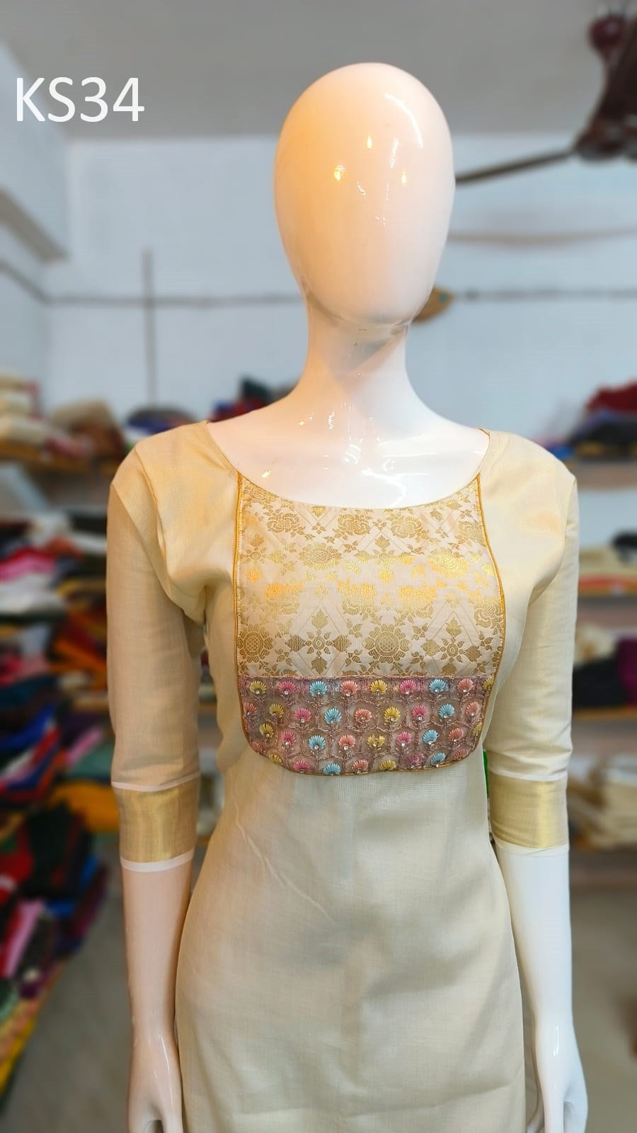 Golden Tissue Slitted Kurti set( Top,Pant and Duppatta),Stitched Handworked Churidar set,Sizes from Small to 10XL,Onam,vishu,Marriage wear.