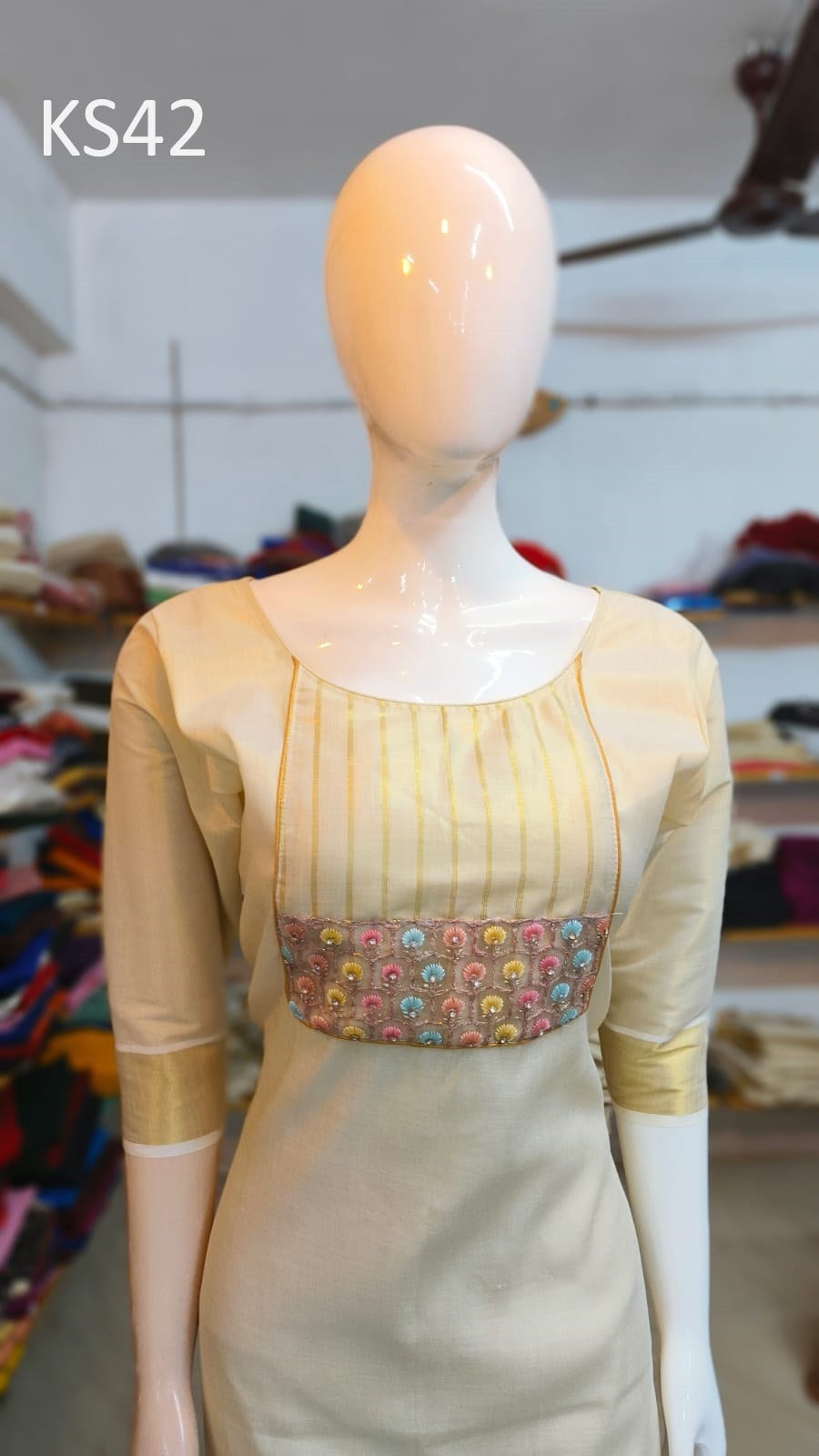 Golden Tissue Slitted Kurti set( Top,Pant and Duppatta),Stitched Handworked Churidar set,Sizes from Small to 10XL, Onam,vishu,Marriage wear.