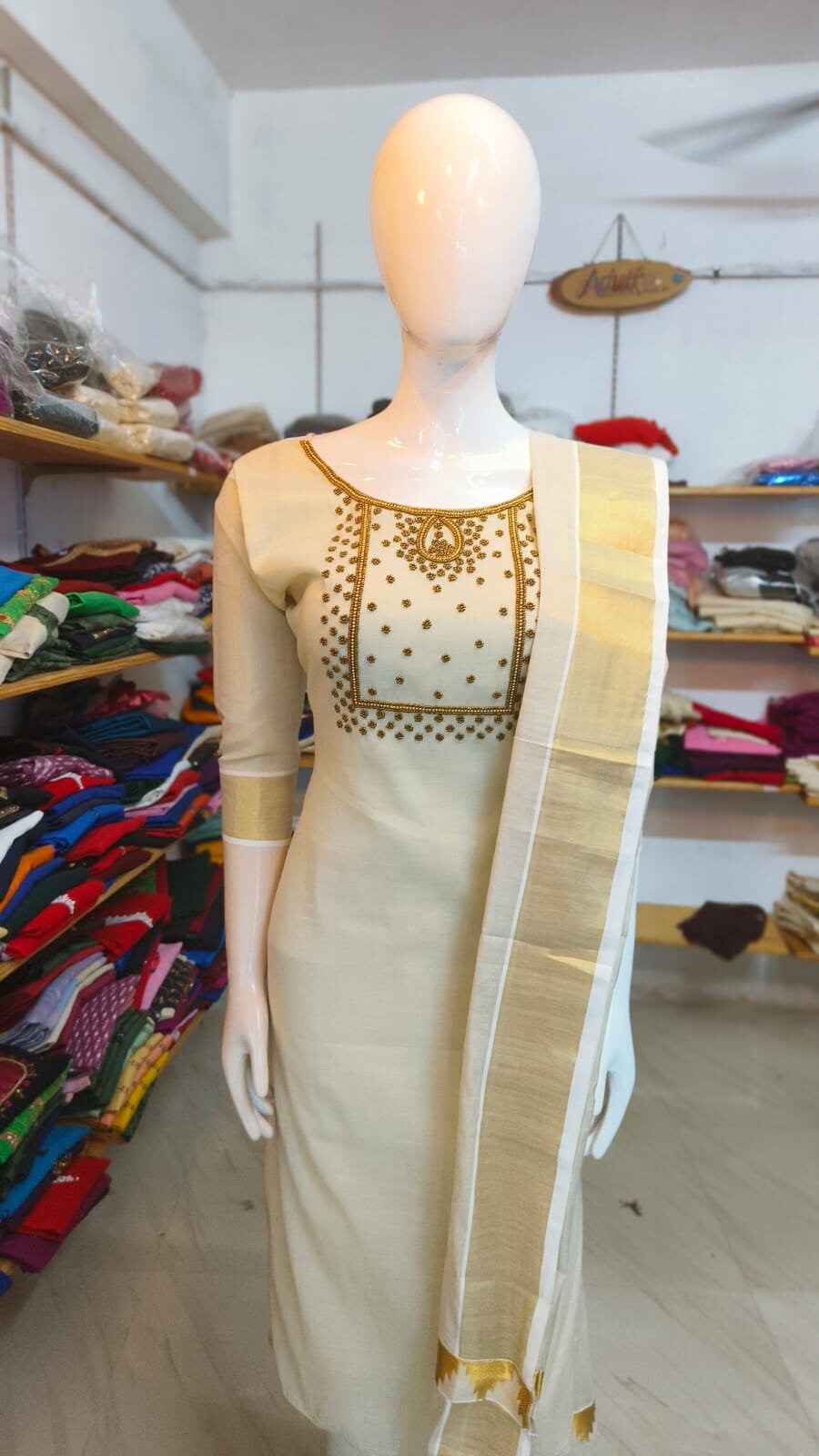 Golden Tissue Slitted Kurti set( Top,Pant and Duppatta),Stitched Handworked Churidar set,Sizes from Small to 10XL, Onam,vishu,Marriage wear.