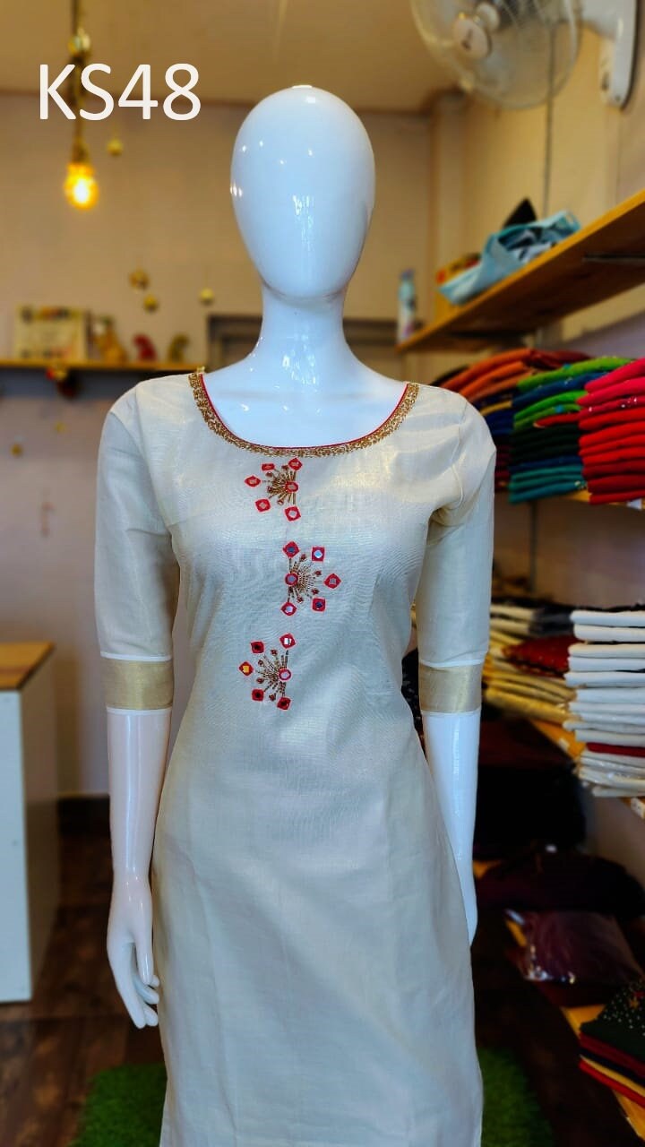 Golden Tissue Slitted Kurti set( Top,Pant and Duppatta),Stitched Handworked Churidar set,Sizes from Small to 10XL, Onam,vishu,Marriage wear.