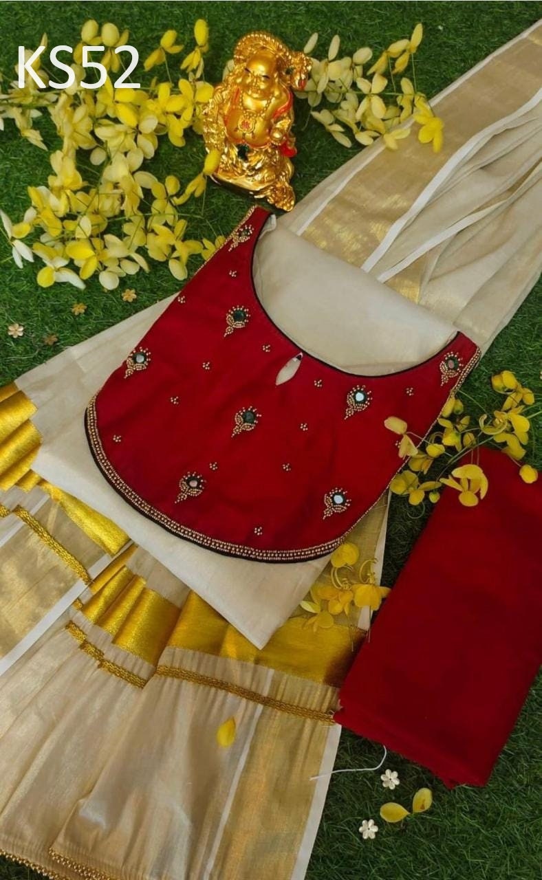 Golden Tissue Slitted Kurti set( Top,Pant and Duppatta),Stitched Handworked Churidar set,Sizes from Small to 10XL,Onam,vishu,Marriage wear.