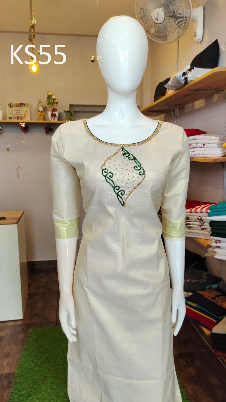 Golden Tissue Slitted Kurti set( Top,Pant and Duppatta),Stitched Handworked Churidar set,Sizes from Small to 10XL,Onam,vishu,Marriage wear.