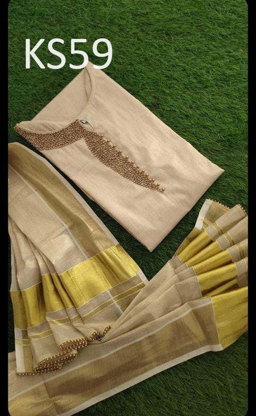 Golden Tissue Slitted Kurti set( Top,Pant and Duppatta),Stitched Handworked Churidar set,Sizes from Small to 10XL,Onam,vishu,Marriage wear.