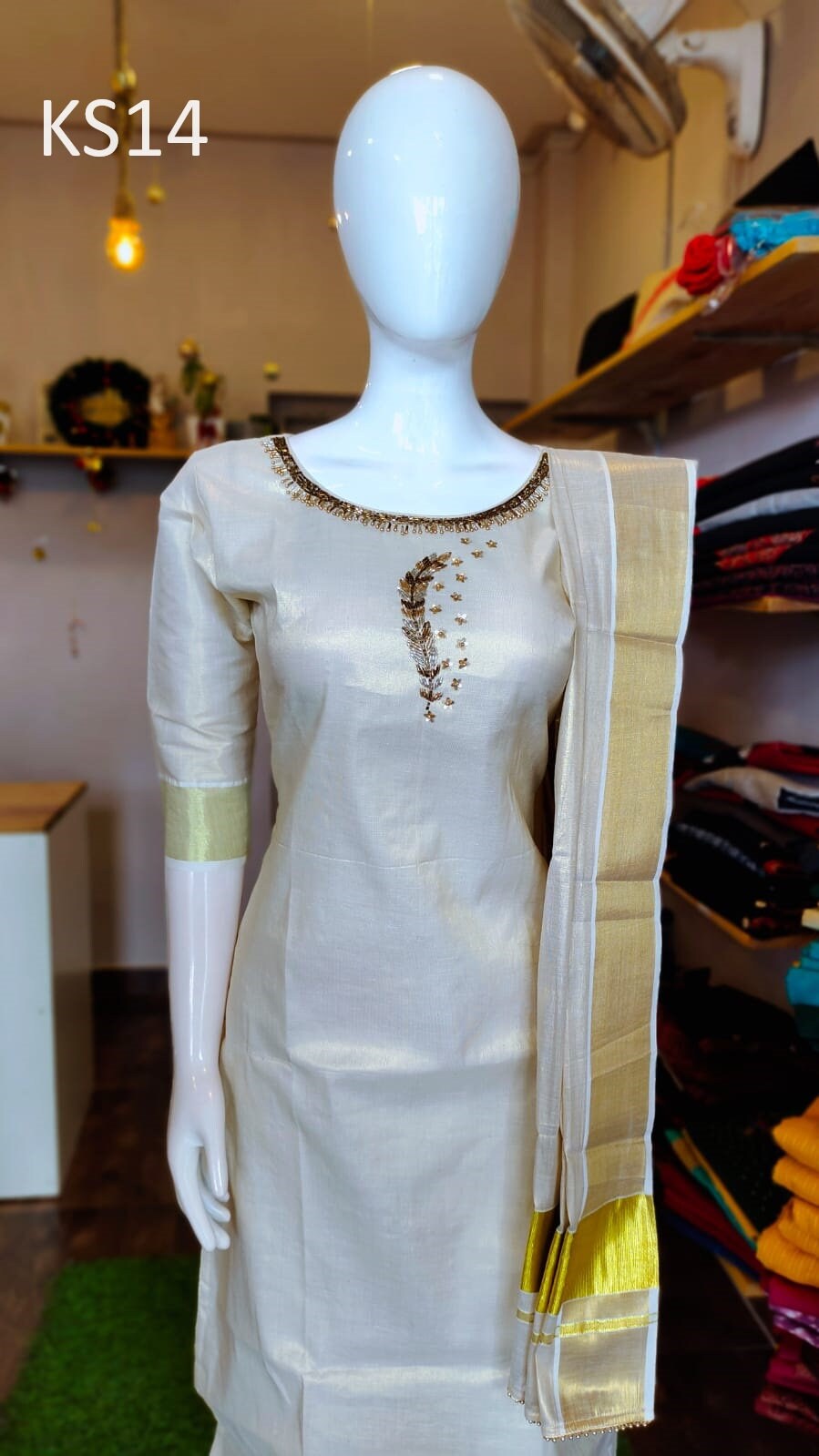 Golden Tissue Slitted Kurti set( Top,Pant and Duppatta),Stitched Handworked Churidar set,Sizes from Small to 10XL, Onam,vishu,Marriage wear.