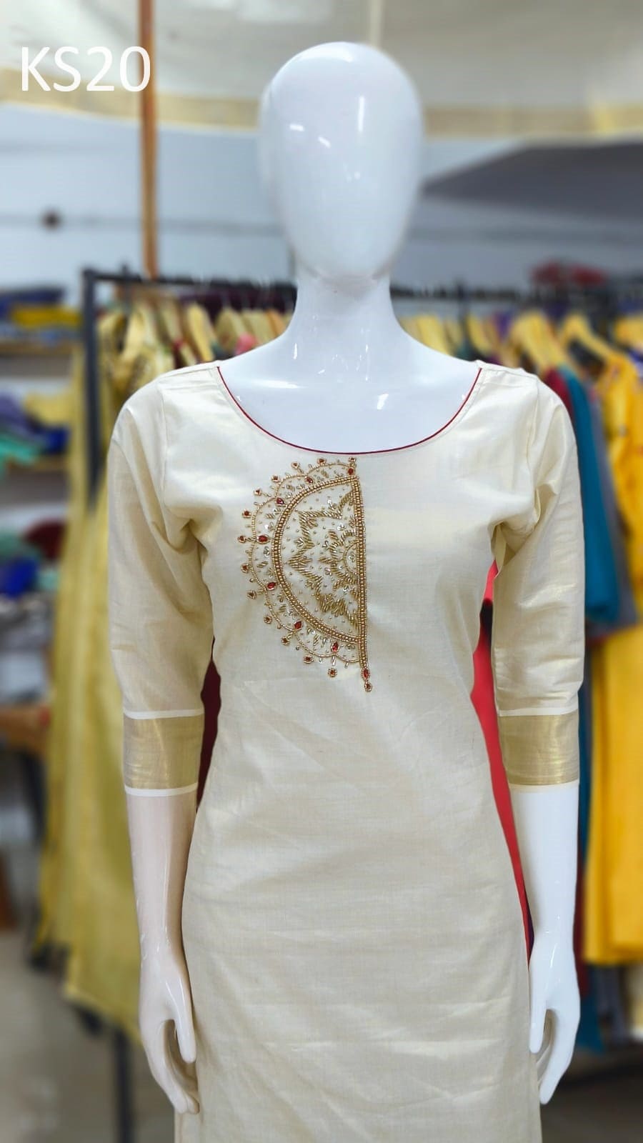 Golden Tissue Slitted Kurti set( Top,Pant and Duppatta),Stitched Handworked Churidar set,Sizes from Small to 10XL, Onam,vishu,Marriage wear.