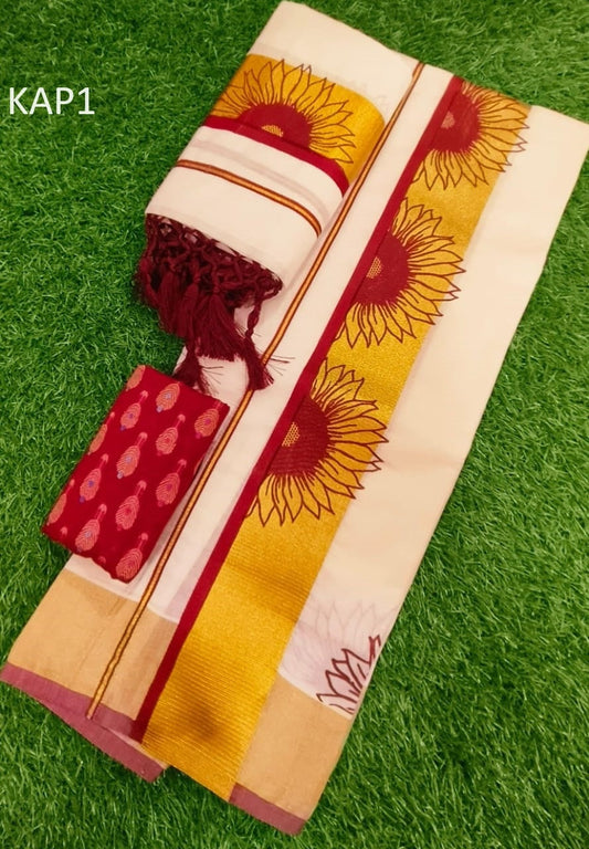 Kerala Special Cotton Kunjalam Setmunde 2.80 With Stitched Blouse or Blouse Material,Onam,Vishu,Traditional,Pooja,Temple,Special Occassions.