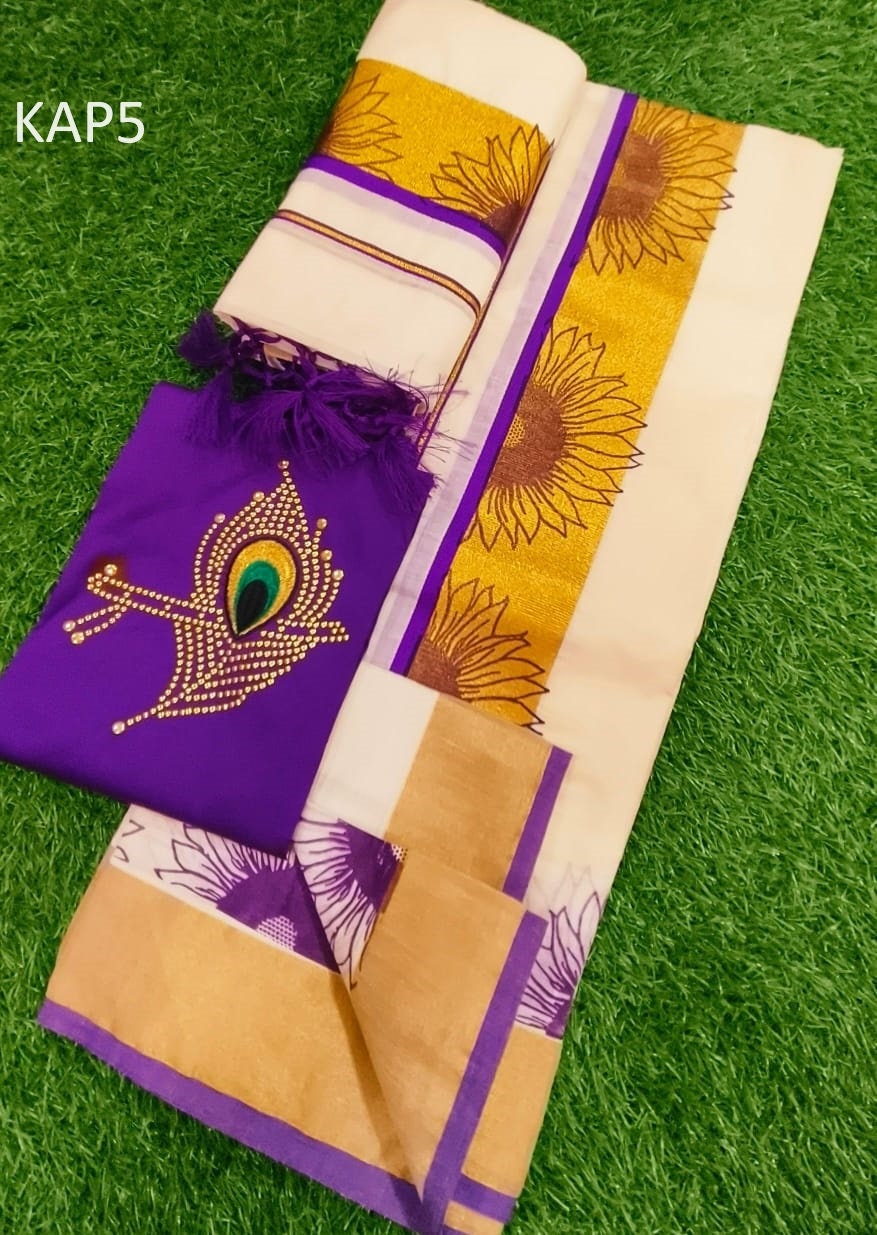 Kerala Special Cotton Kunjalam Setmunde 2.80 With Stitched Blouse or Blouse Material,Onam,Vishu,Traditional,Pooja,Temple,Special Occassions.