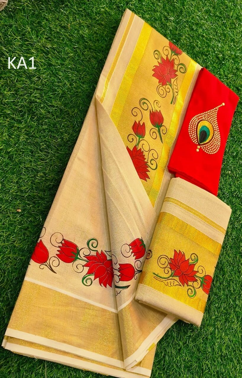 Kerala Special Tissue Flower Print Set Mundu 2.80 With Stitched Blouse or Blouse Material,Beautiful Kerala Designs,Onam,Vishu,Pooja.