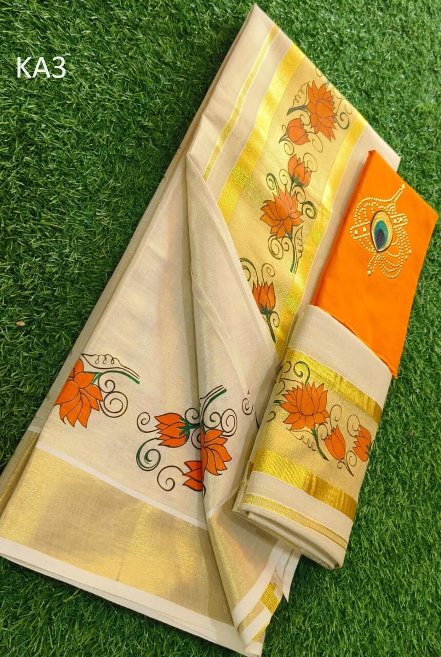 Kerala Special Tissue Flower Print Set Mundu 2.80 With Stitched Blouse or Blouse Material,Beautiful Kerala Designs,Onam,Vishu,Pooja.