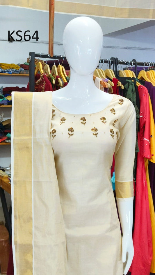 Golden Tissue Slitted Kurti set( Top,Pant and Duppatta),Stitched Handworked Churidar set,Sizes from Small to 10XL,Onam,vishu,Marriage wear.