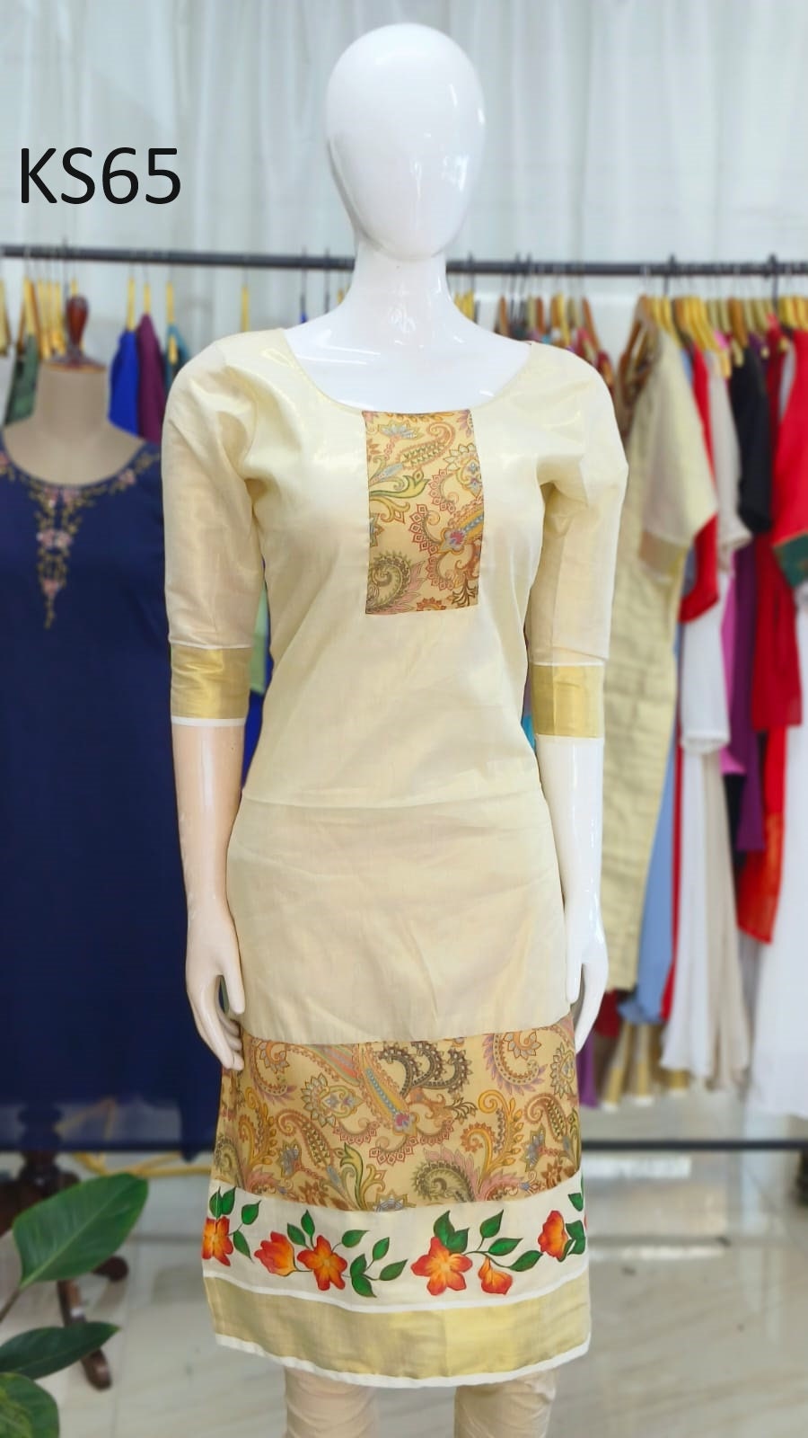 Golden Tissue Slitted Kurti set( Top,Pant and Duppatta),Stitched Handworked Churidar set,Sizes from Small to 10XL,Onam,vishu,Marriage wear.