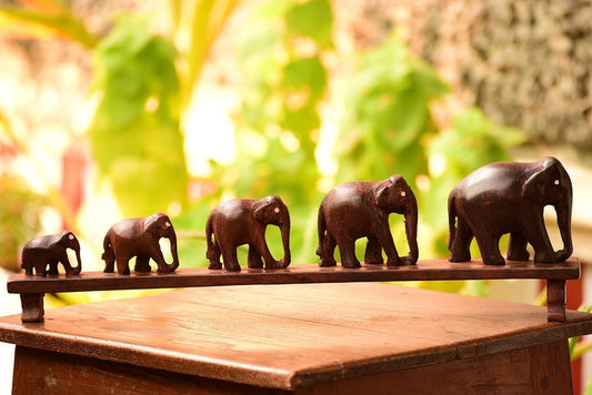 Group of Elephants Walking in a line on a bridge , Wooden curiosity  item,home and office Table  decor, Showpiece ,Handmade, Handicraft