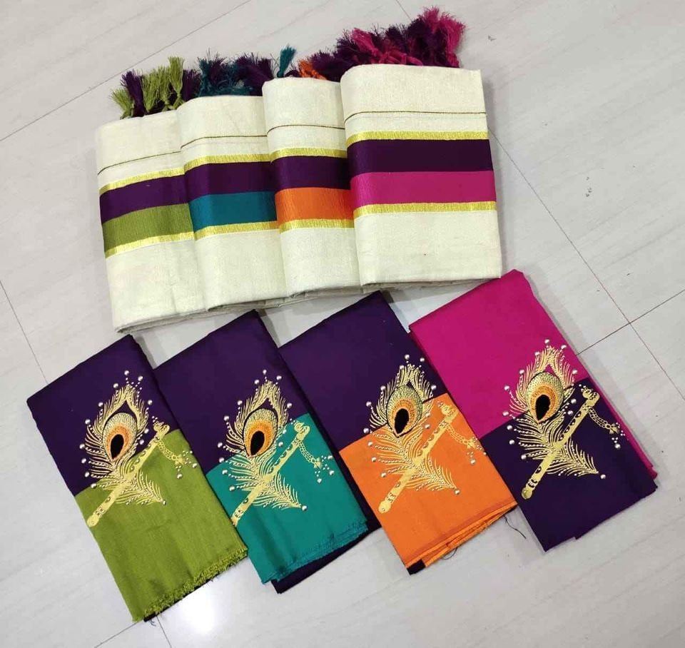 Kerala Special Golden Tissue Double color Set Mundu 2.80 With Stitched Blouse or Blouse Material,Beautiful Kerala Designs,Onam,Vishu,Pooja.