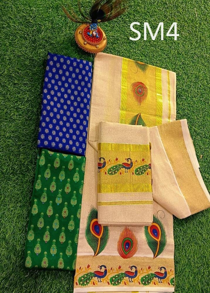 Kerala Special Golden Tissue Hand Work Set Mundu 2.80 With Stitched Blouse or Blouse Material,Beautiful Kerala Designs,Onam,Vishu,Pooja.