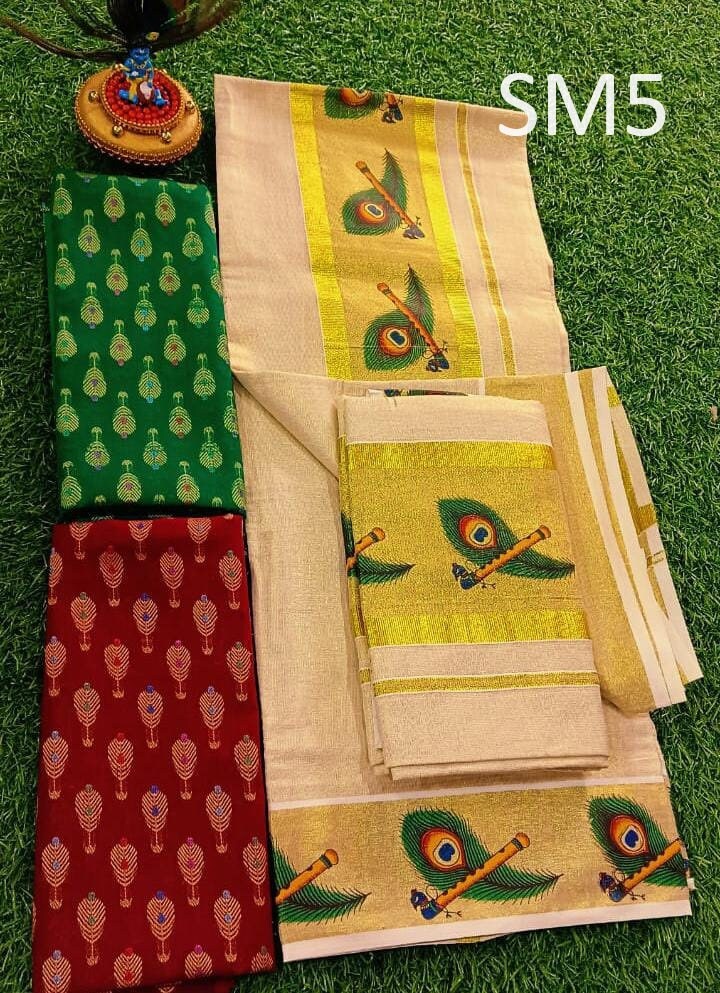 Kerala Special Golden Tissue Hand Work Set Mundu 2.80 With Stitched Blouse or Blouse Material,Beautiful Kerala Designs,Onam,Vishu,Pooja.