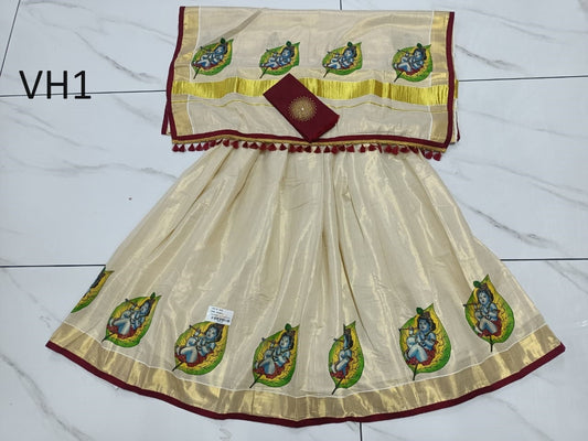 Kerala Tissue Mural Printed Davani Set Skirt Stiched Traditional Girls clothing,Handmade Design,Onam,Vishu,Party,Temple,Festival