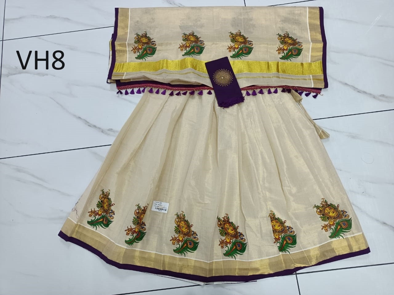 Kerala Tissue Mural Printed Davani Set Skirt Stiched Traditional Girls clothing,Handmade Design,Onam,Vishu,Party,Temple,Festival