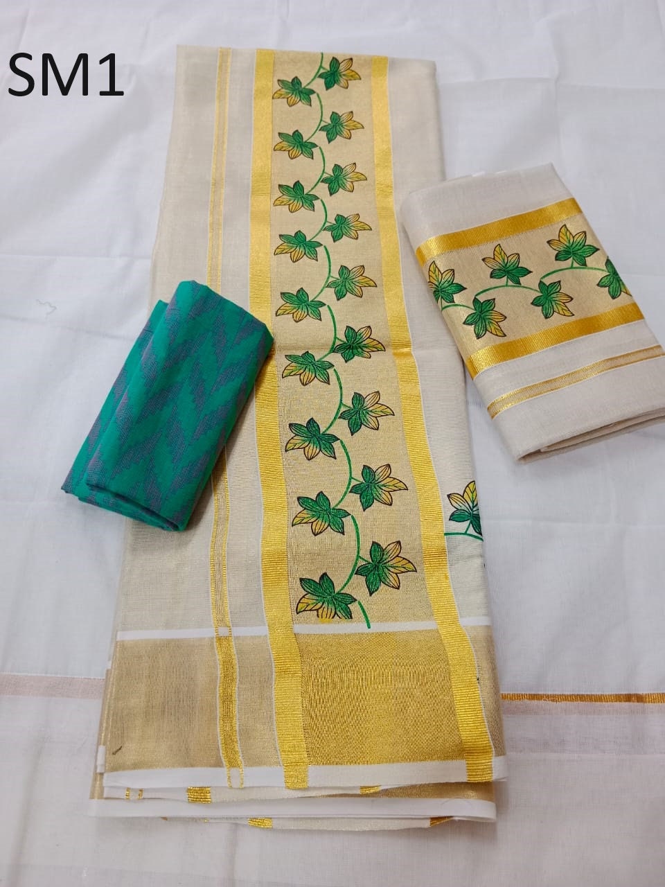 Kerala Special Tissue Single Running Flower Print Set Mundu With Stitched Blouse or Blouse Material,Beautiful Kerala Design,Onam,Vishu,Pooja