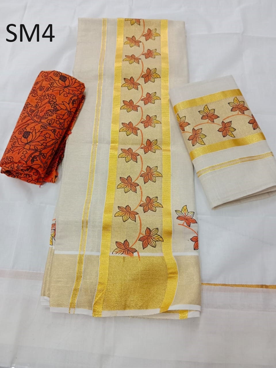 Kerala Special Tissue Single Running Flower Print Set Mundu With Stitched Blouse or Blouse Material,Beautiful Kerala Design,Onam,Vishu,Pooja