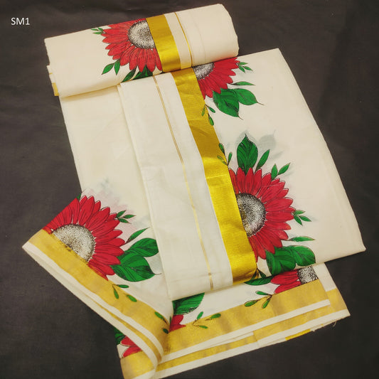 Special Kasavu Print Cotton Set Mundu 2.60 With Stitched Blouse or Blouse Material,Beautiful Kerala Designs,Onam,Vishu,festival and pooja