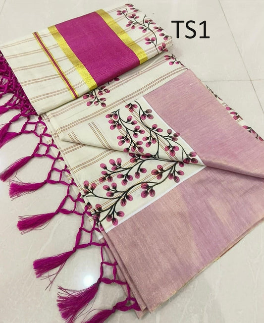 Kerala Tissue saree with stitched Blouse or Blouse Material / Indian Saree, Kerala Saree, Onam ,vishu ,Wedding,any festival occasional saree