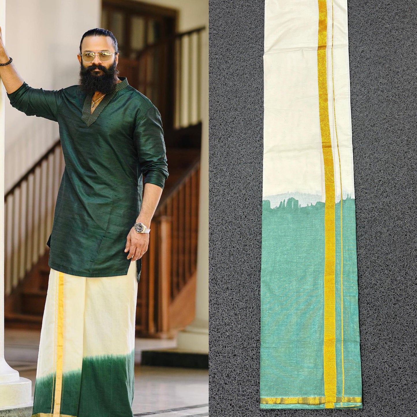 Tye and Dye Dhoti Off white Double Dhoti, Men&#39;s dhoti with Kurtha,Cotton 4 mtr Veshti Onam, Vishu,Christmas Ramadan,Kerala Tamil Style Dress