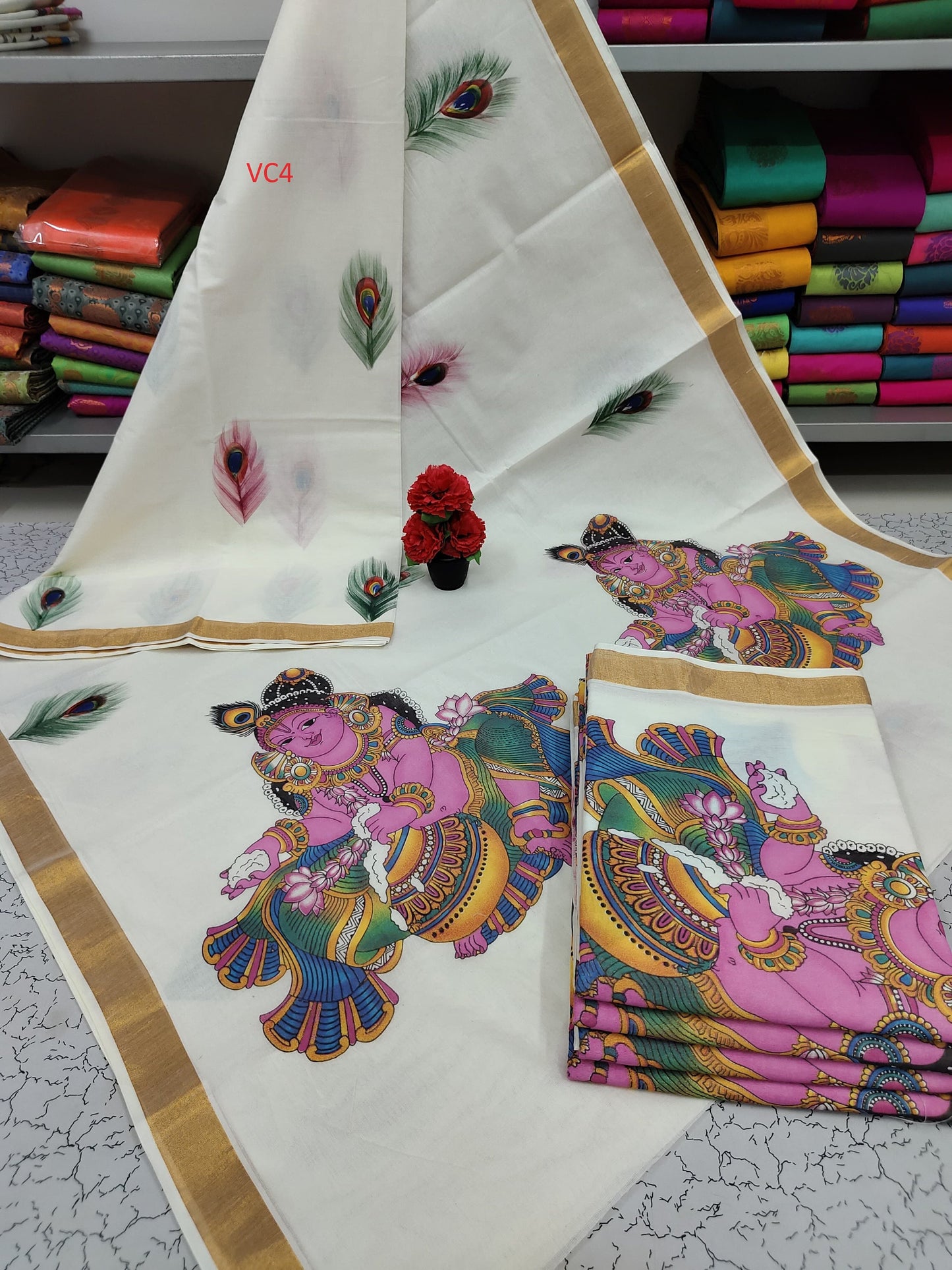 Kerala Hand Painted Cotton Saree With running Blouse Material 6.25 mtr Kerala Saree, Vishu Saree, Onam Saree Handmade Designs Pooja,Festival