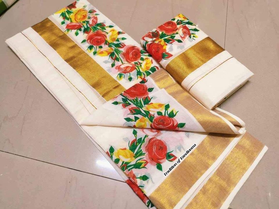 Kerala Special Golden Tissue  Set Mundu 2.80,2 mtr mundu With Stitched Blouse or Blouse Material,Beautiful Kerala Designs,Onam,Vishu,Pooja.