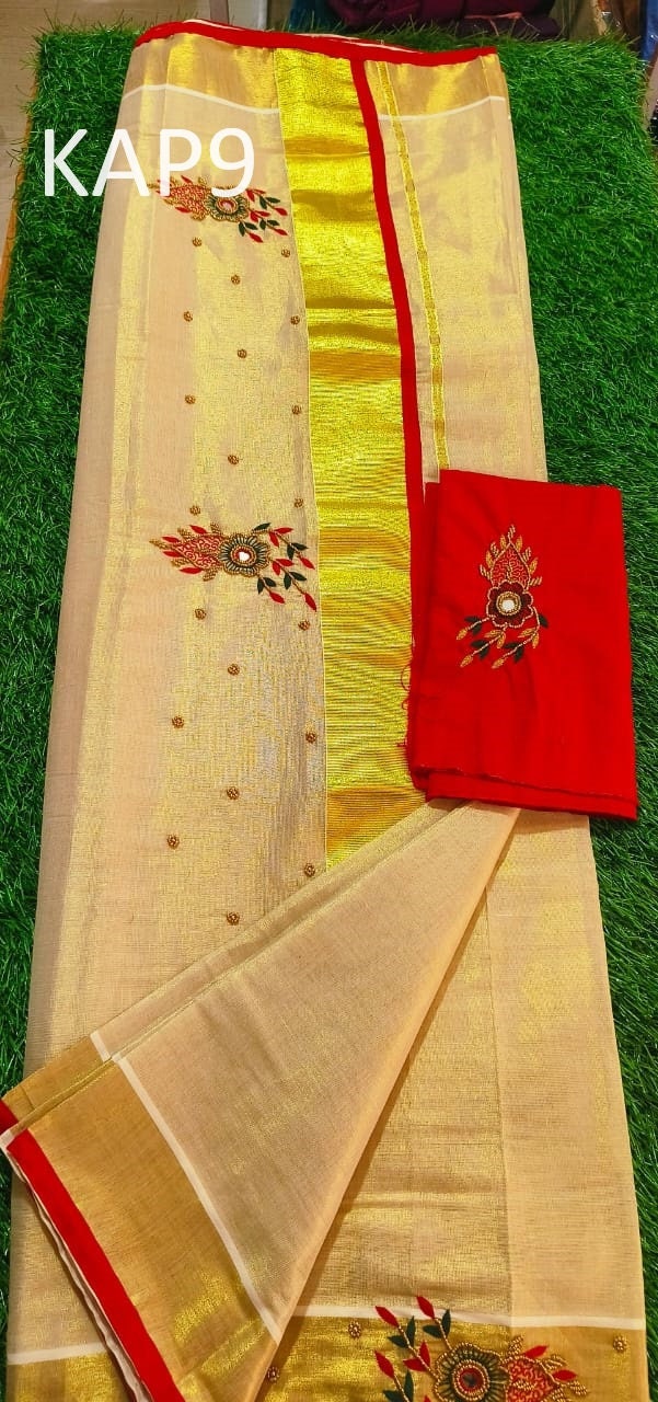 Kerala Golden Tissue Piping Hand Work Set Sarees.6.25+1 Mtr Blouse,Kerala Saree,Vishu,Onam,Handmade Designs,Traditional, Occassions Wear