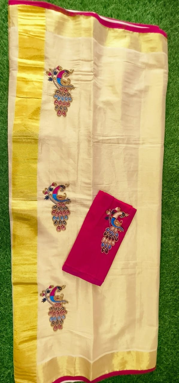 Kerala Golden Tissue Piping Hand Work Set Sarees.6.25+1 Mtr Blouse,Kerala Saree,Vishu,Onam,Handmade Designs,Traditional, Occassions Wear