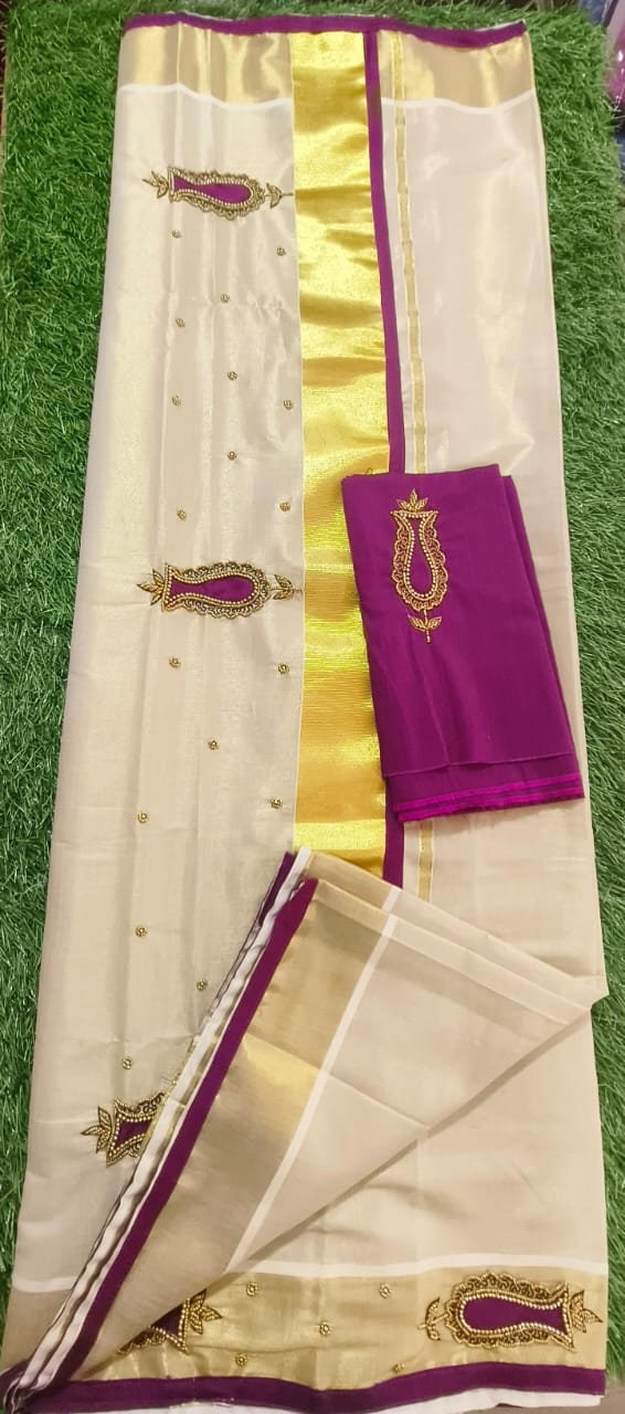 Kerala Golden Tissue Piping Hand Work Set Sarees.6.25+1 Mtr Blouse,Kerala Saree,Vishu,Onam,Handmade Designs,Traditional, Occassions Wear