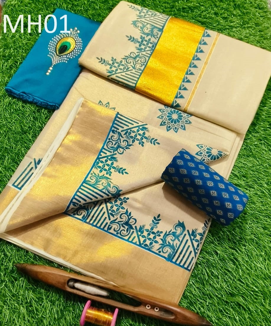 Kerala Tissue saree with stitched Blouse or Blouse Material / Indian Saree, Kerala Saree, Onam ,vishu ,Wedding,any festival occasional saree