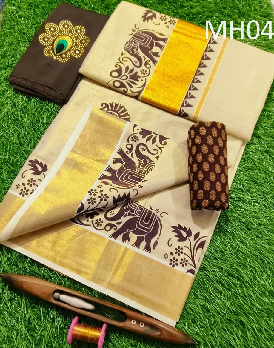 Kerala Tissue saree with stitched Blouse or Blouse Material / Indian Saree, Kerala Saree, Onam ,vishu ,Wedding,any festival occasional saree