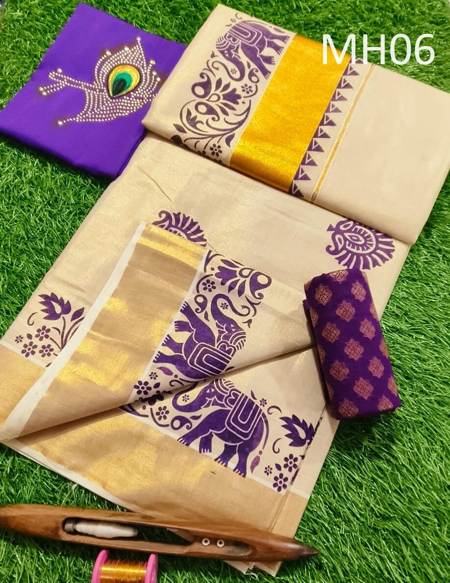 Kerala Tissue saree with stitched Blouse or Blouse Material / Indian Saree, Kerala Saree, Onam ,vishu ,Wedding,any festival occasional saree